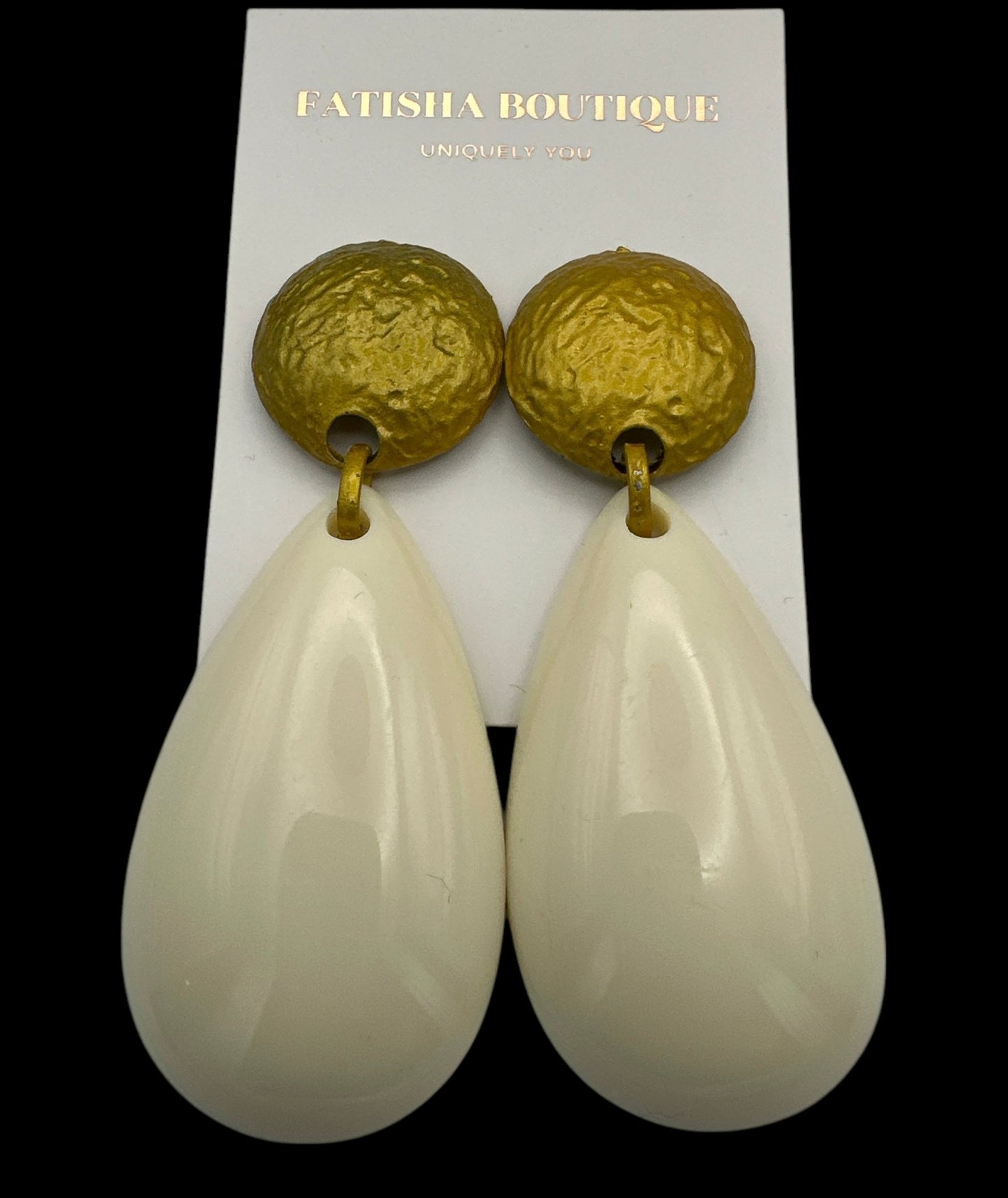 White Resin Water Drop Earrings – Teardrop Statement Studs with Gold Textured Top for Modern Chic - Fatisha Boutique