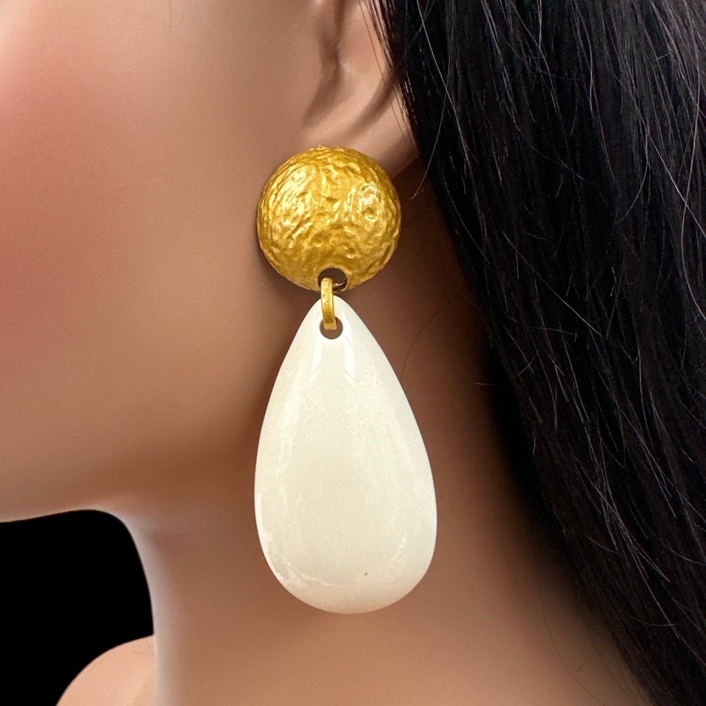 White Resin Water Drop Earrings – Teardrop Statement Studs with Gold Textured Top for Modern Chic - Fatisha Boutique