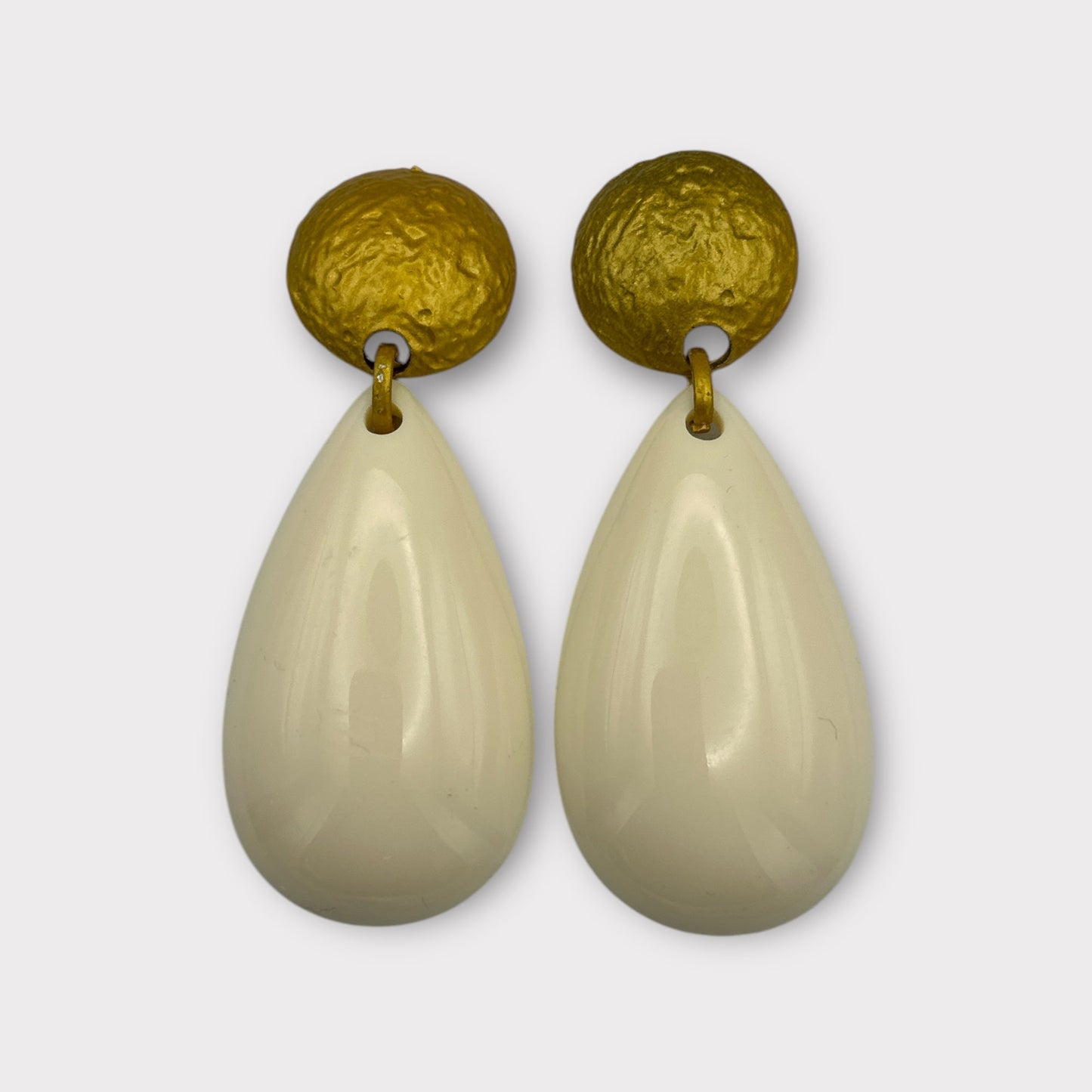 White Resin Water Drop Earrings – Teardrop Statement Studs with Gold Textured Top for Modern Chic - Fatisha Boutique