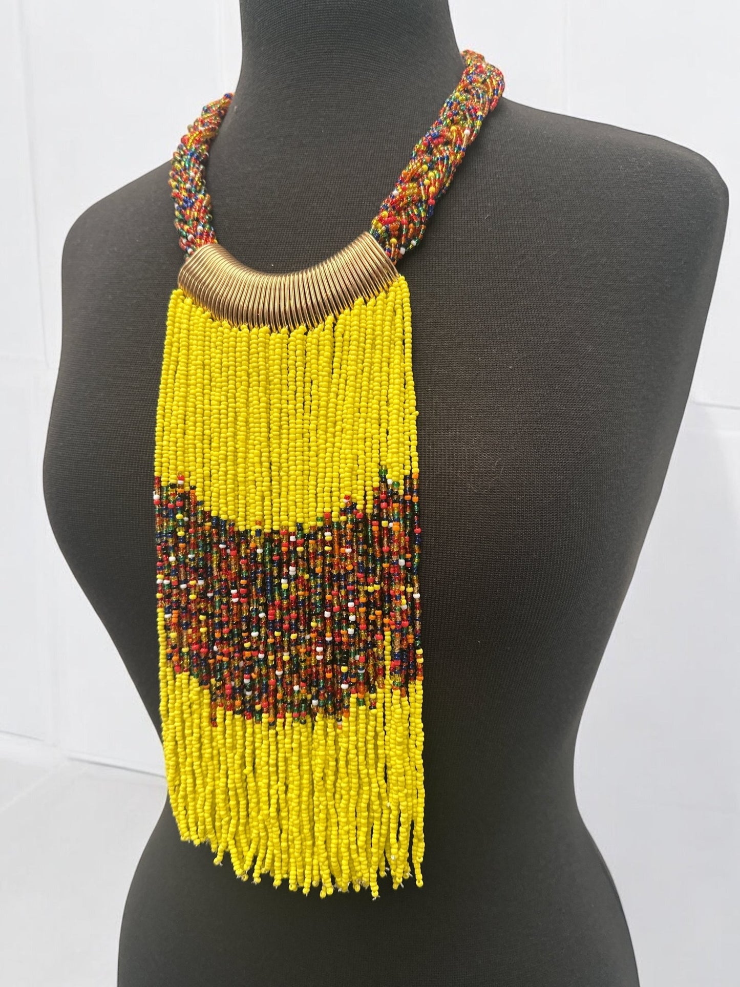 Yellow African Beaded Necklace – Handmade Ethnic Fringe Jewellery - Fatisha Boutique