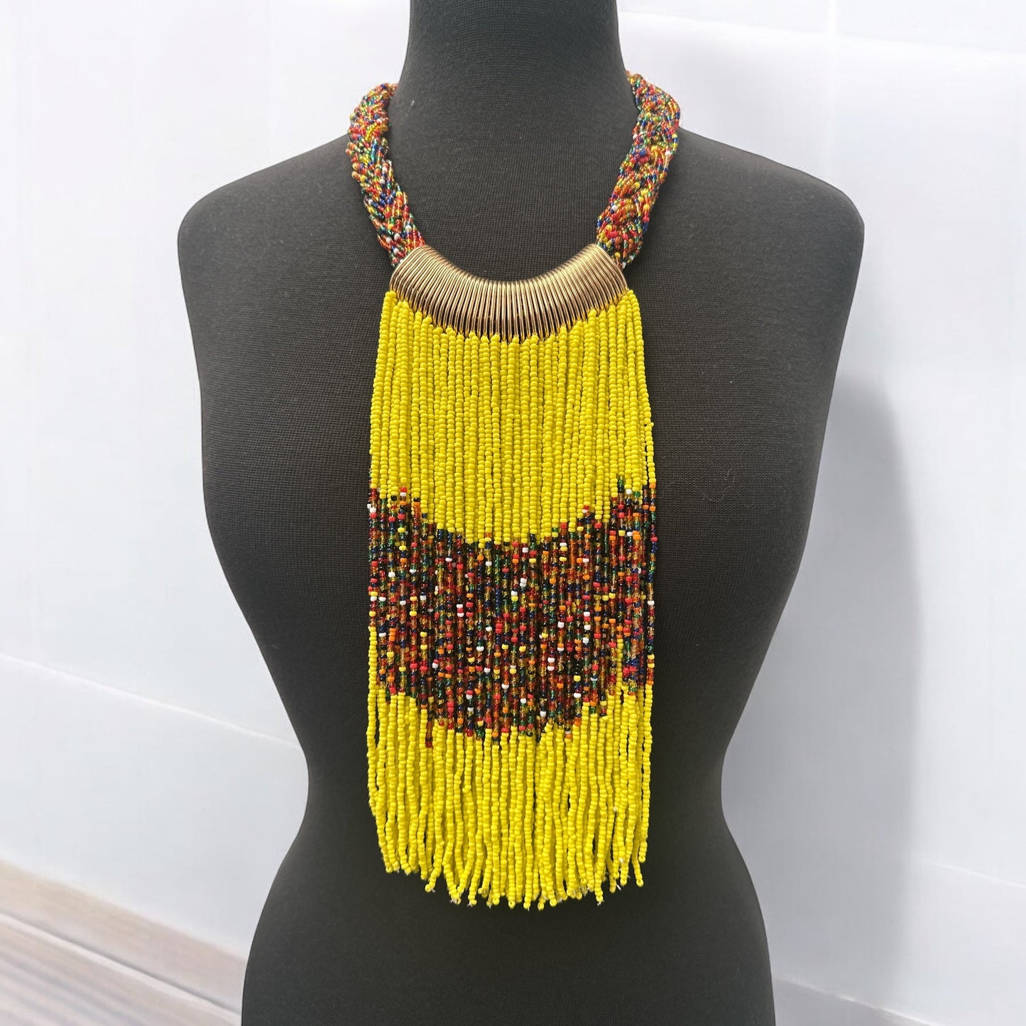 Yellow African Beaded Necklace – Handmade Ethnic Fringe Jewellery - Fatisha Boutique
