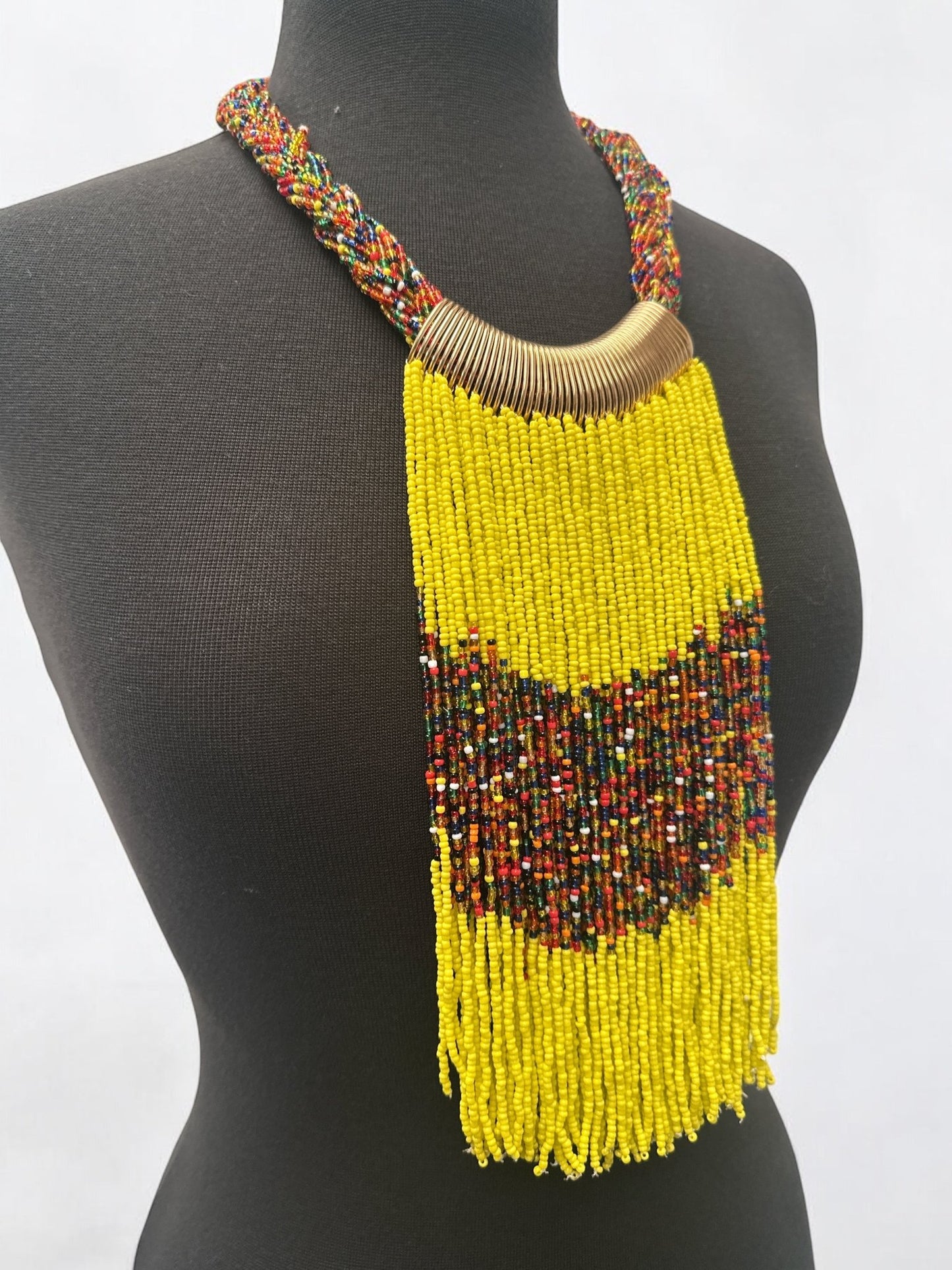 Yellow African Beaded Necklace – Handmade Ethnic Fringe Jewellery - Fatisha Boutique