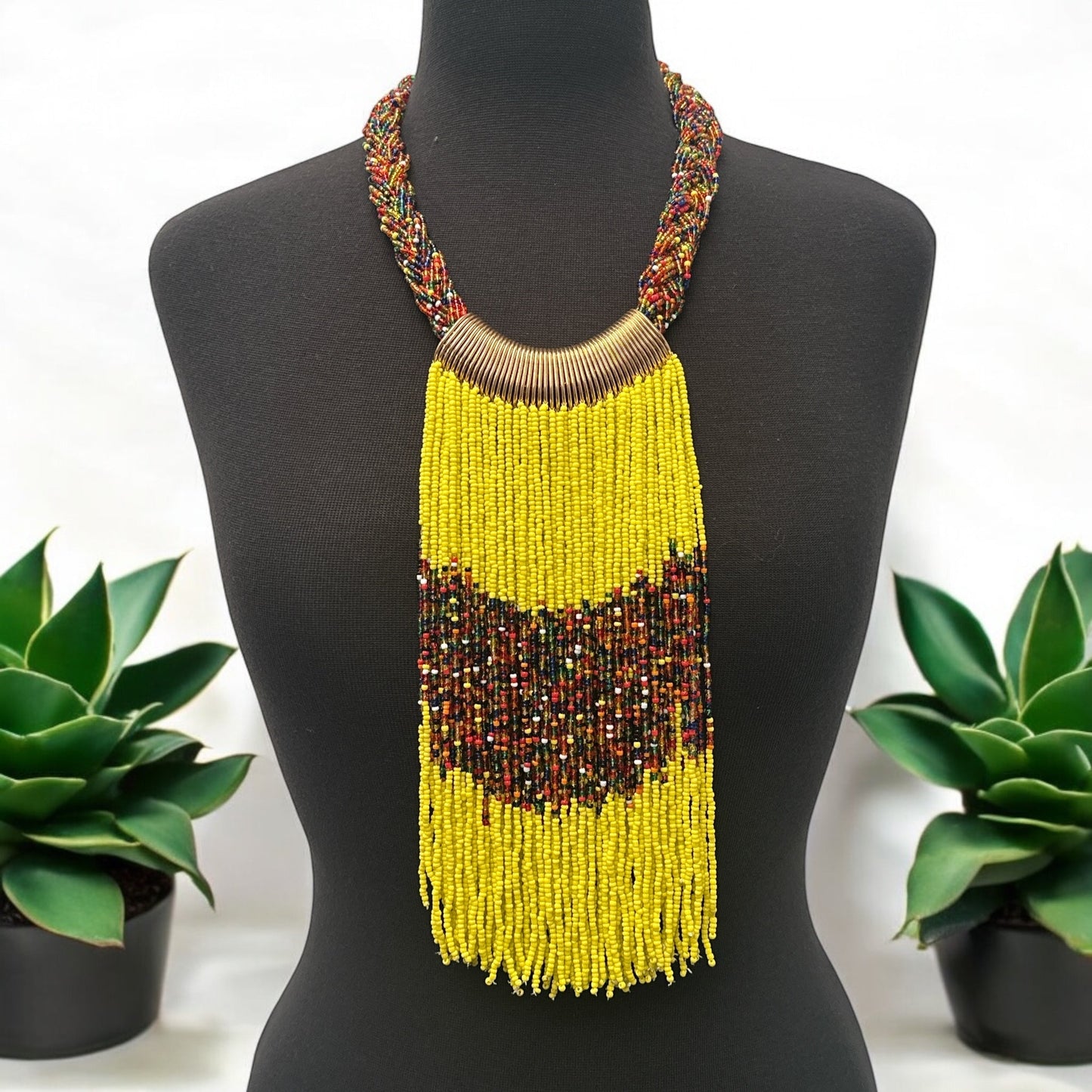 Yellow African Beaded Necklace – Handmade Ethnic Fringe Jewellery - Fatisha Boutique