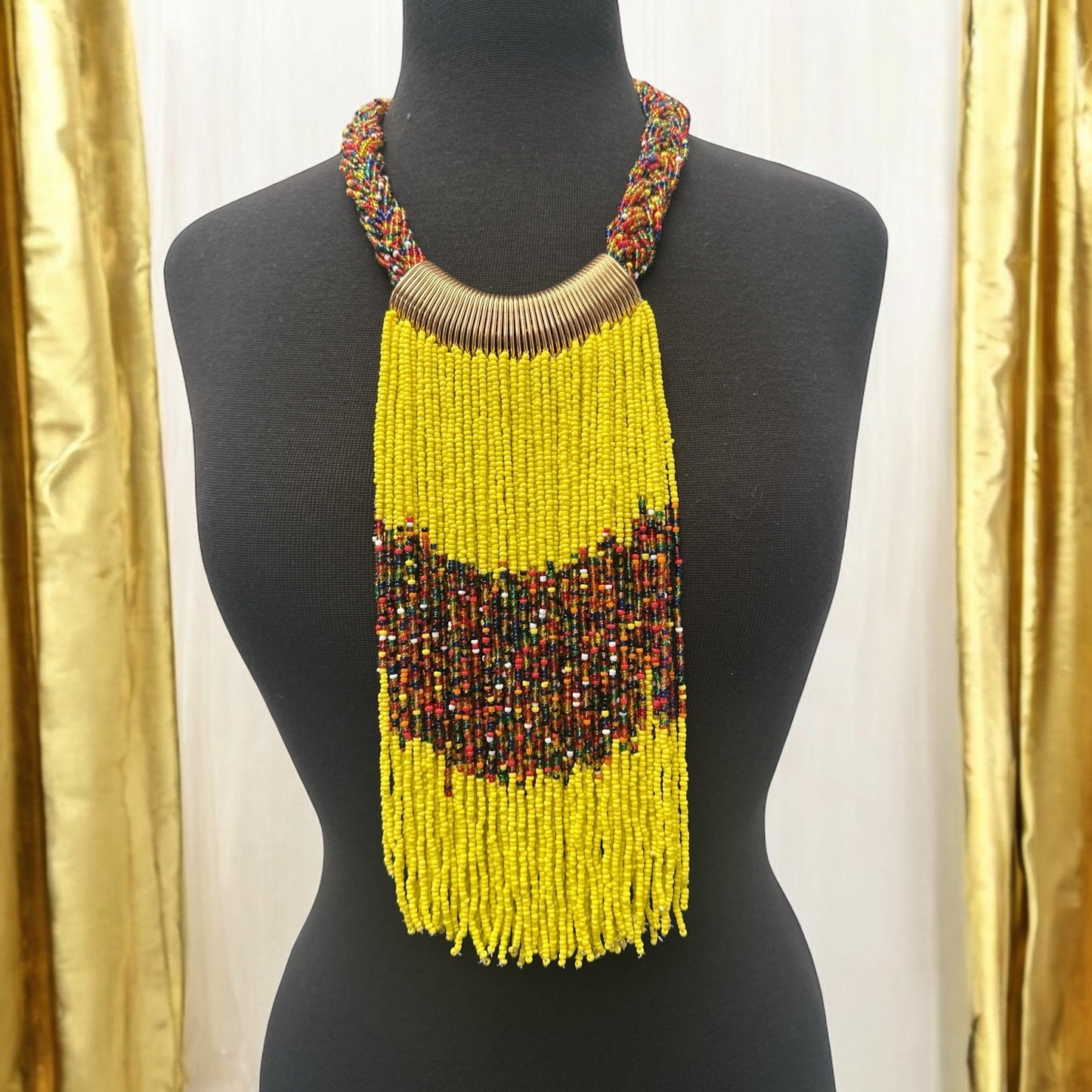 Yellow African Beaded Necklace – Handmade Ethnic Fringe Jewellery - Fatisha Boutique