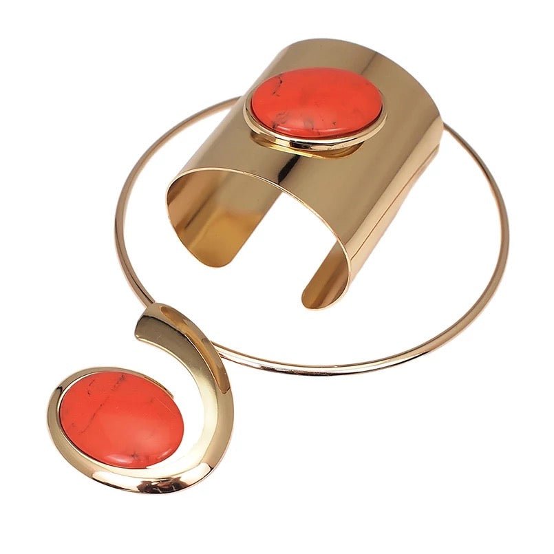 Big Resin Metal Torques And Cuff Bracelet Bangles Necklace Jewellery Set - Fatisha Boutique