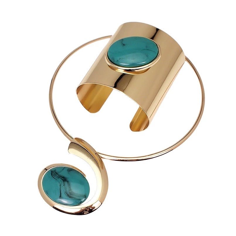 Big Resin Metal Torques And Cuff Bracelet Bangles Necklace Jewellery Set - Fatisha Boutique