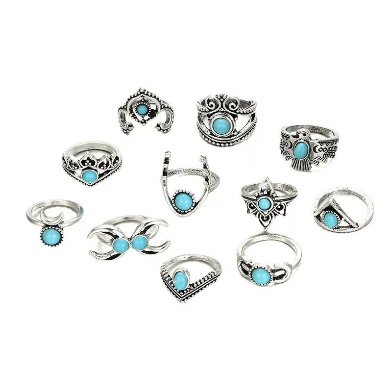 Bohemian 11 - Piece Silver Retro Statement Rings Set – Vintage Turquoise Jewellery - Fatisha Boutique