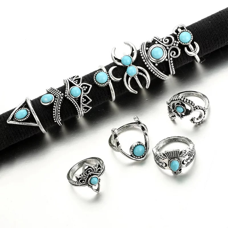 Bohemian 11 - Piece Silver Retro Statement Rings Set – Vintage Turquoise Jewellery - Fatisha Boutique