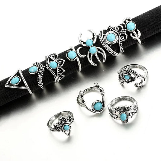 Bohemian 11 - Piece Silver Retro Statement Rings Set – Vintage Turquoise Jewellery - Fatisha Boutique