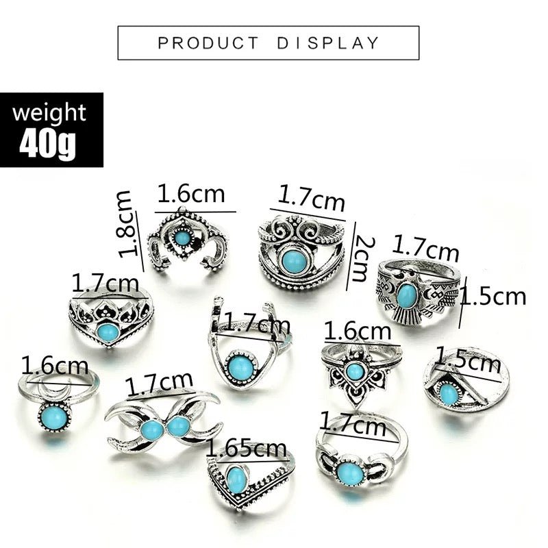 Bohemian 11 - Piece Silver Retro Statement Rings Set – Vintage Turquoise Jewellery - Fatisha Boutique