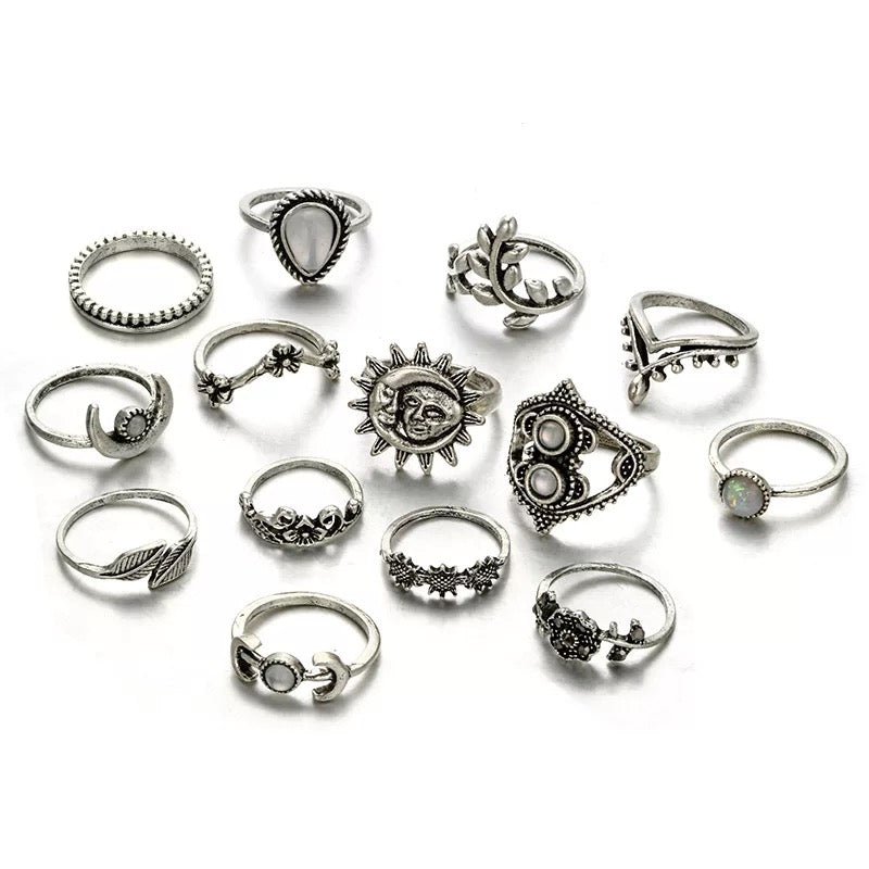 Bohemian 14 - Piece Silver Retro Statement Rings Set – Vintage Fashion Jewellery - Fatisha Boutique