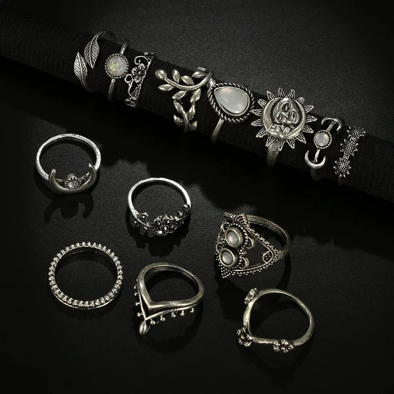 Bohemian 14 - Piece Silver Retro Statement Rings Set – Vintage Fashion Jewellery - Fatisha Boutique