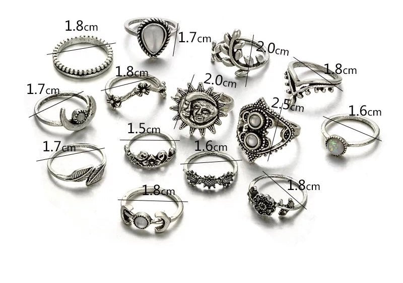 Bohemian 14 - Piece Silver Retro Statement Rings Set – Vintage Fashion Jewellery - Fatisha Boutique
