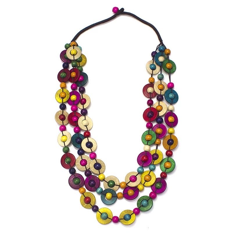 Bohemian Ethnic Multicolour Coconut Shell Necklace – Handmade Layered Statement Jewellery - Fatisha Boutique