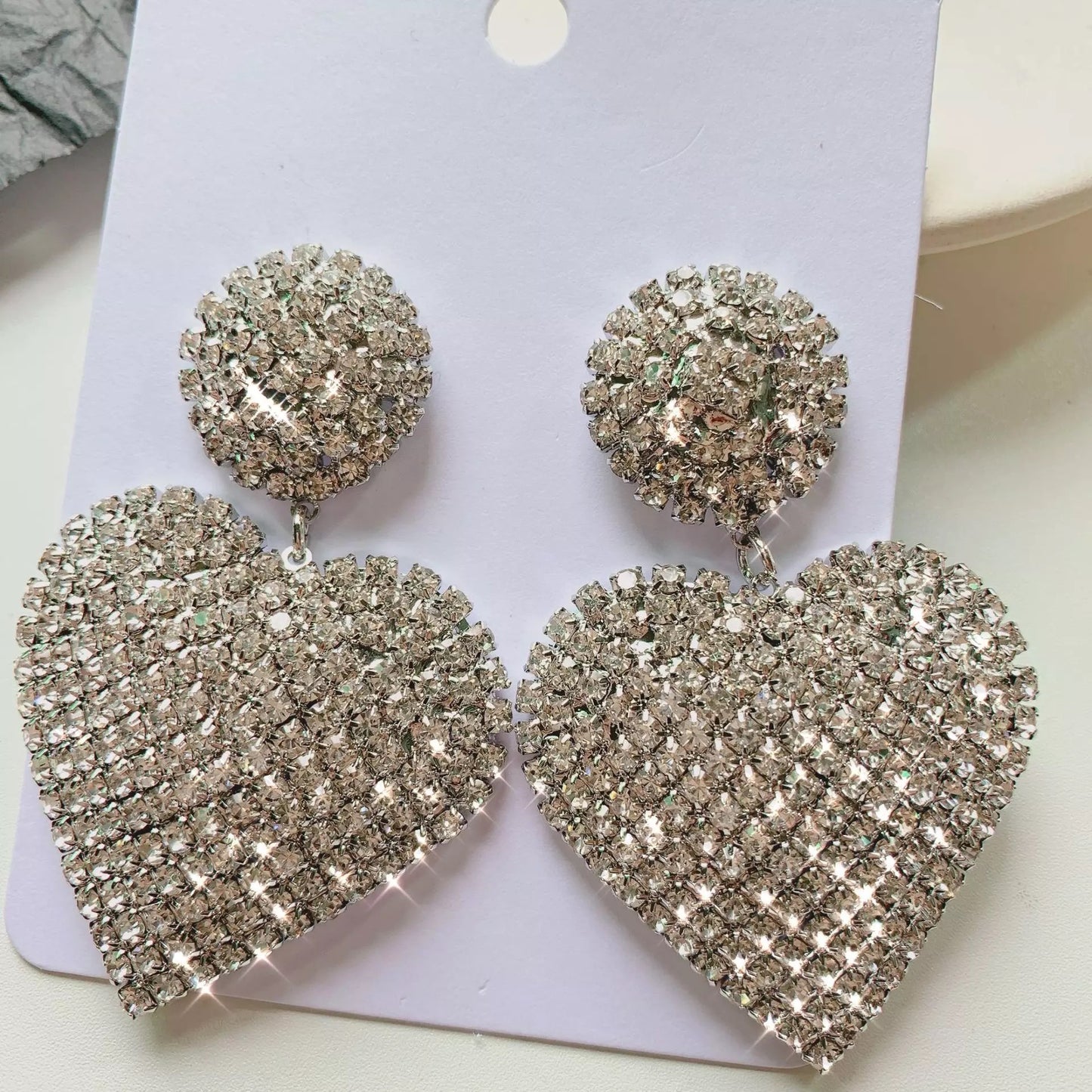 Glamorous Silver Statement Diamante Heart Shaped Rhinestone Earrings