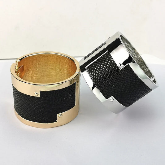 Boho Medium Faux Leather Metal Statement Bangle Cuff Bracelets