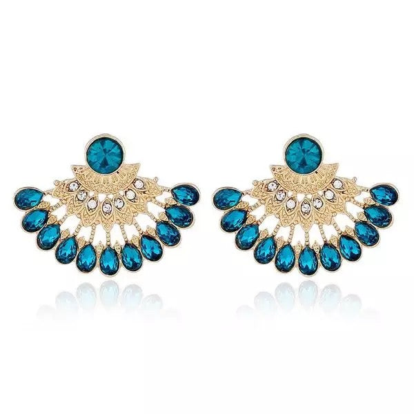 Blue Rhinestone Gold-Tone Fan Statement Earrings - Fatisha Boutique Fatisha Boutique