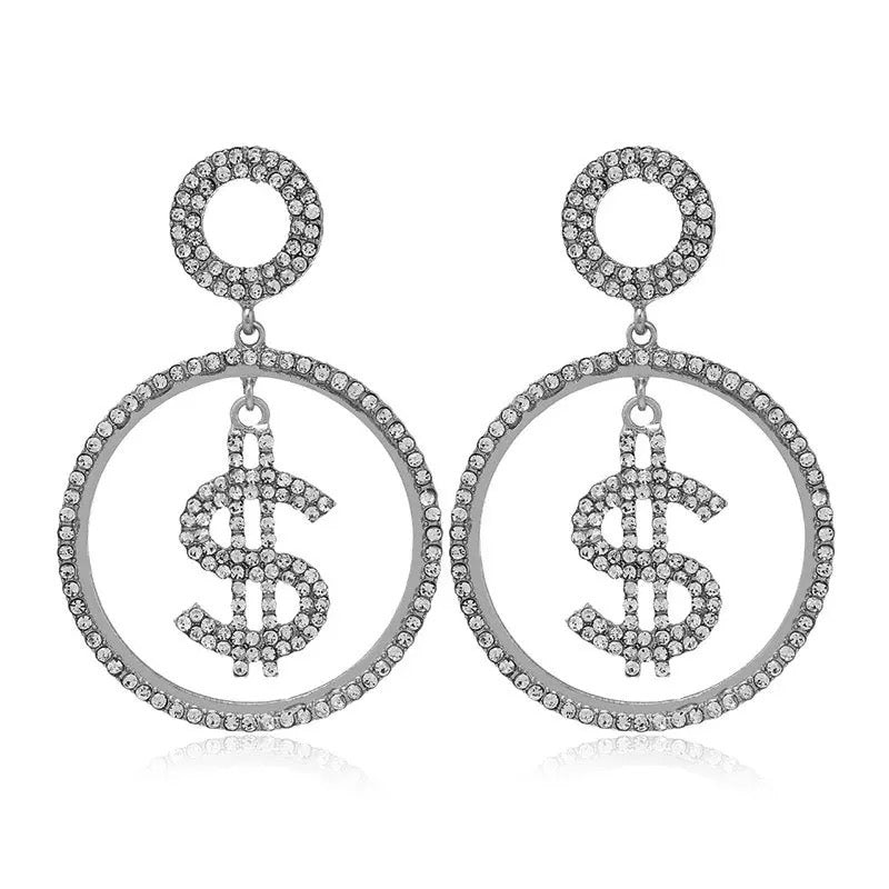 Dollar Sign Statement Diamante Rhinestone Dangle Earrings