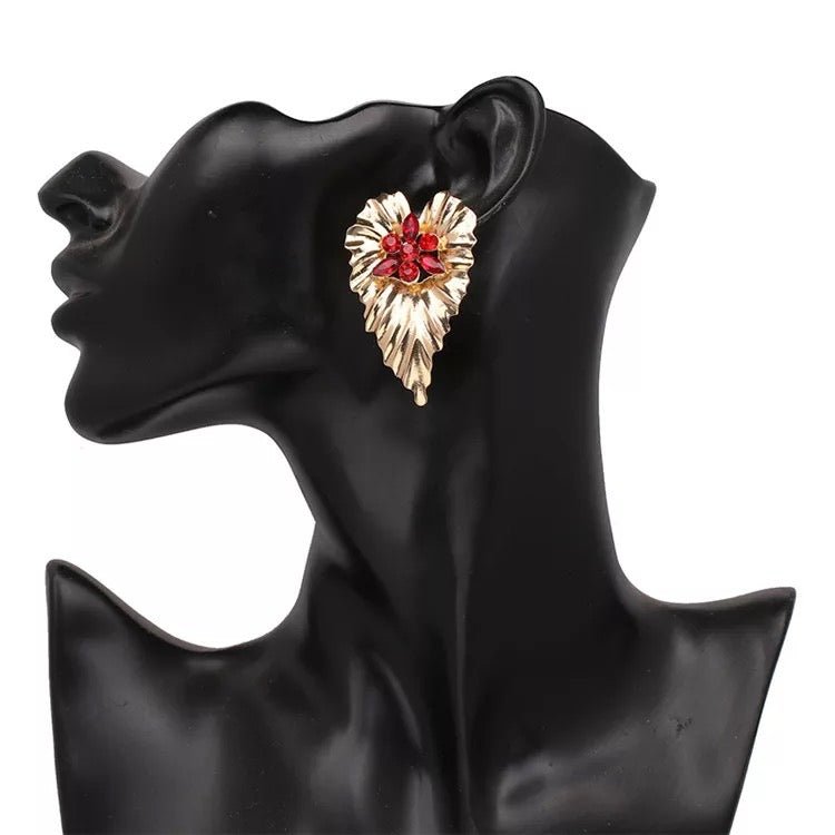 Gold Plated Leaf shaped Design Centred Rhinestone Stud Earrings - Fatisha Boutique