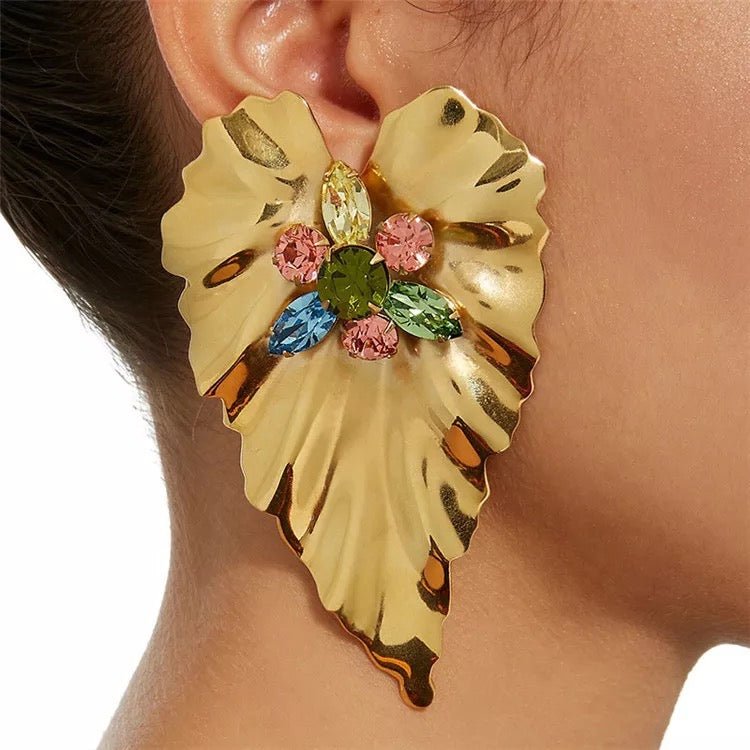 Gold Plated Leaf shaped Design Centred Rhinestone Stud Earrings - Fatisha Boutique
