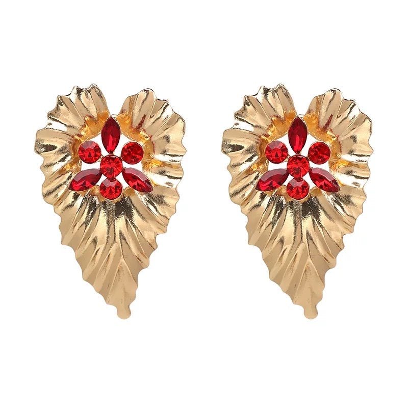 Gold Plated Leaf shaped Design Centred Rhinestone Stud Earrings - Fatisha Boutique