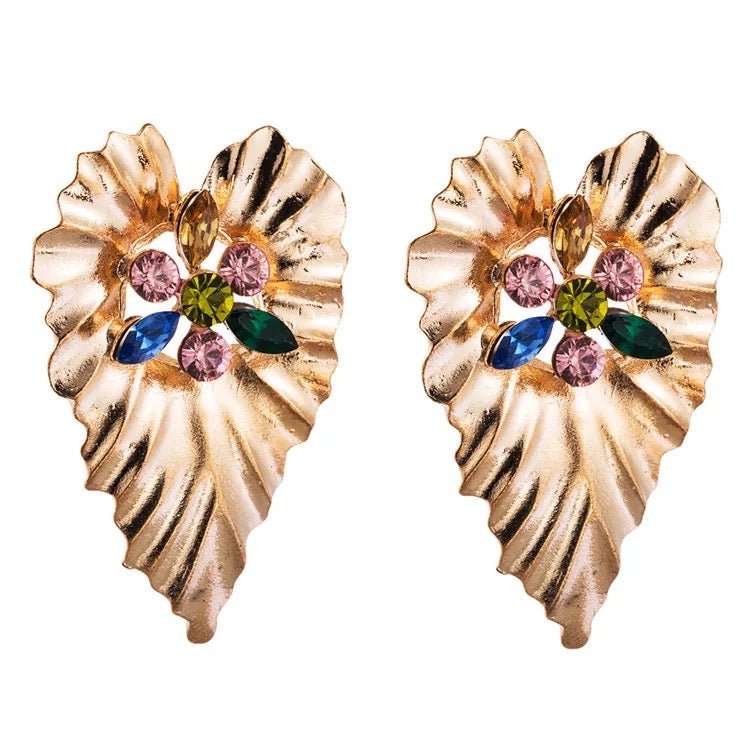 Gold Plated Leaf shaped Design Centred Rhinestone Stud Earrings - Fatisha Boutique