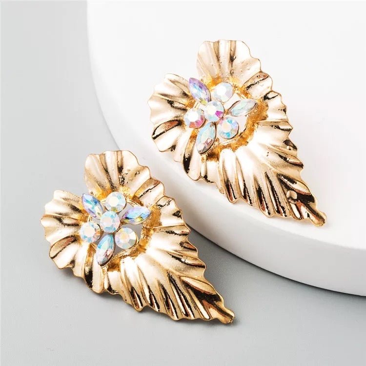 Gold Plated Leaf shaped Design Centred Rhinestone Stud Earrings - Fatisha Boutique