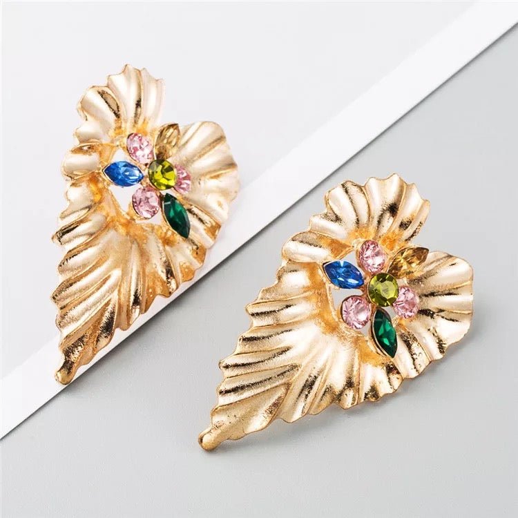 Gold Plated Leaf shaped Design Centred Rhinestone Stud Earrings - Fatisha Boutique