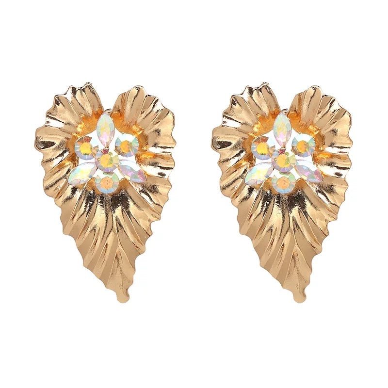 Gold Plated Leaf shaped Design Centred Rhinestone Stud Earrings - Fatisha Boutique