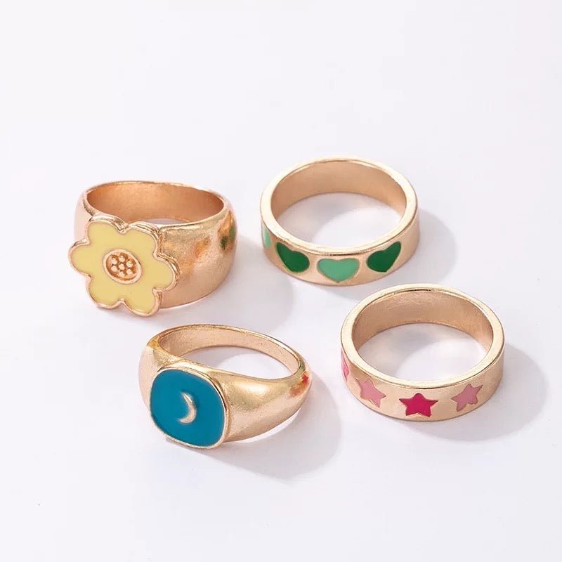 Gold - Plated Pastel Fun Statement Ring Set – 4 - Piece Retro Style - Fatisha Boutique