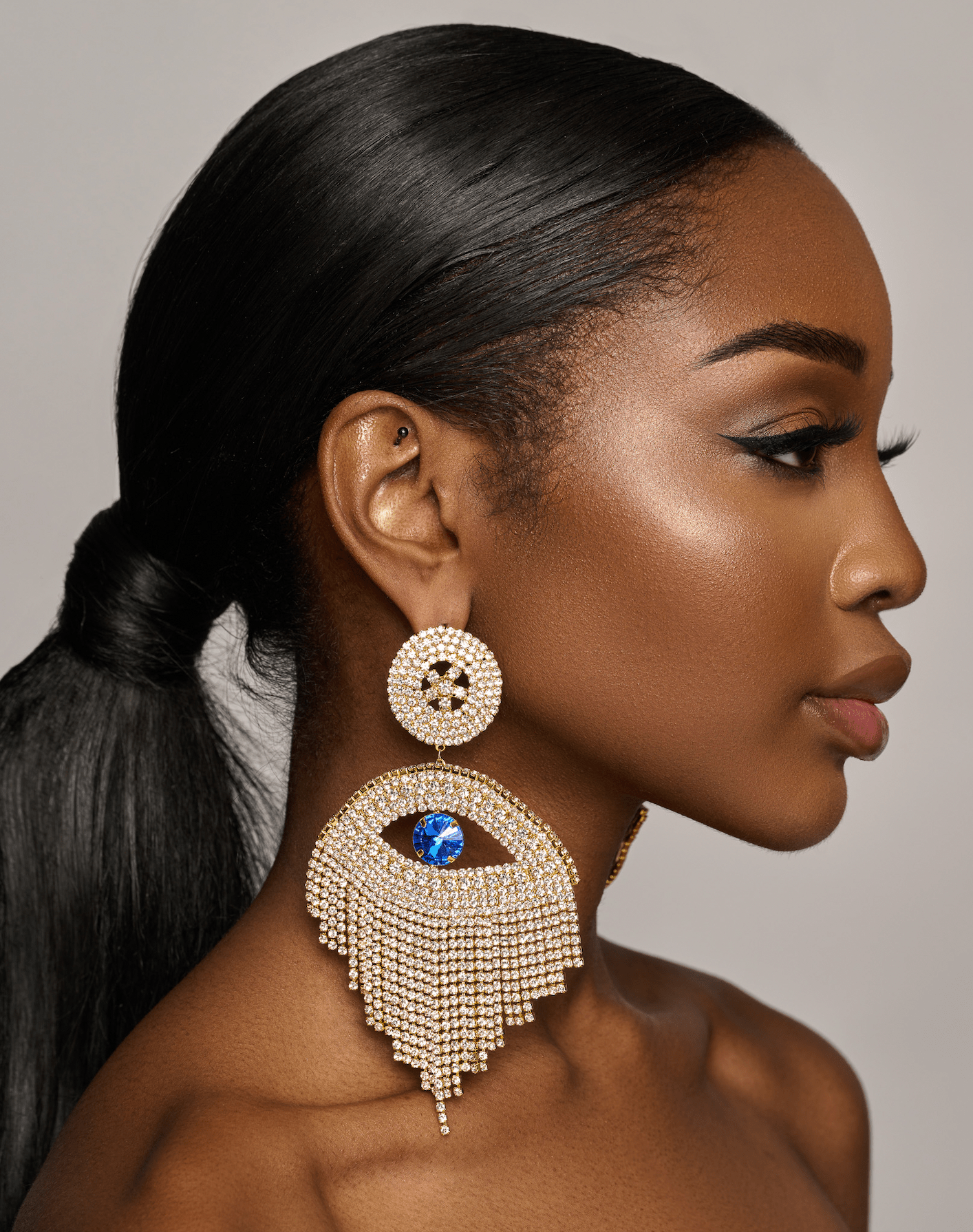 Gorgeous Asymmetrical Evil Eye Rhinestone Tassel Statement Stud Earrings - Fatisha Boutique