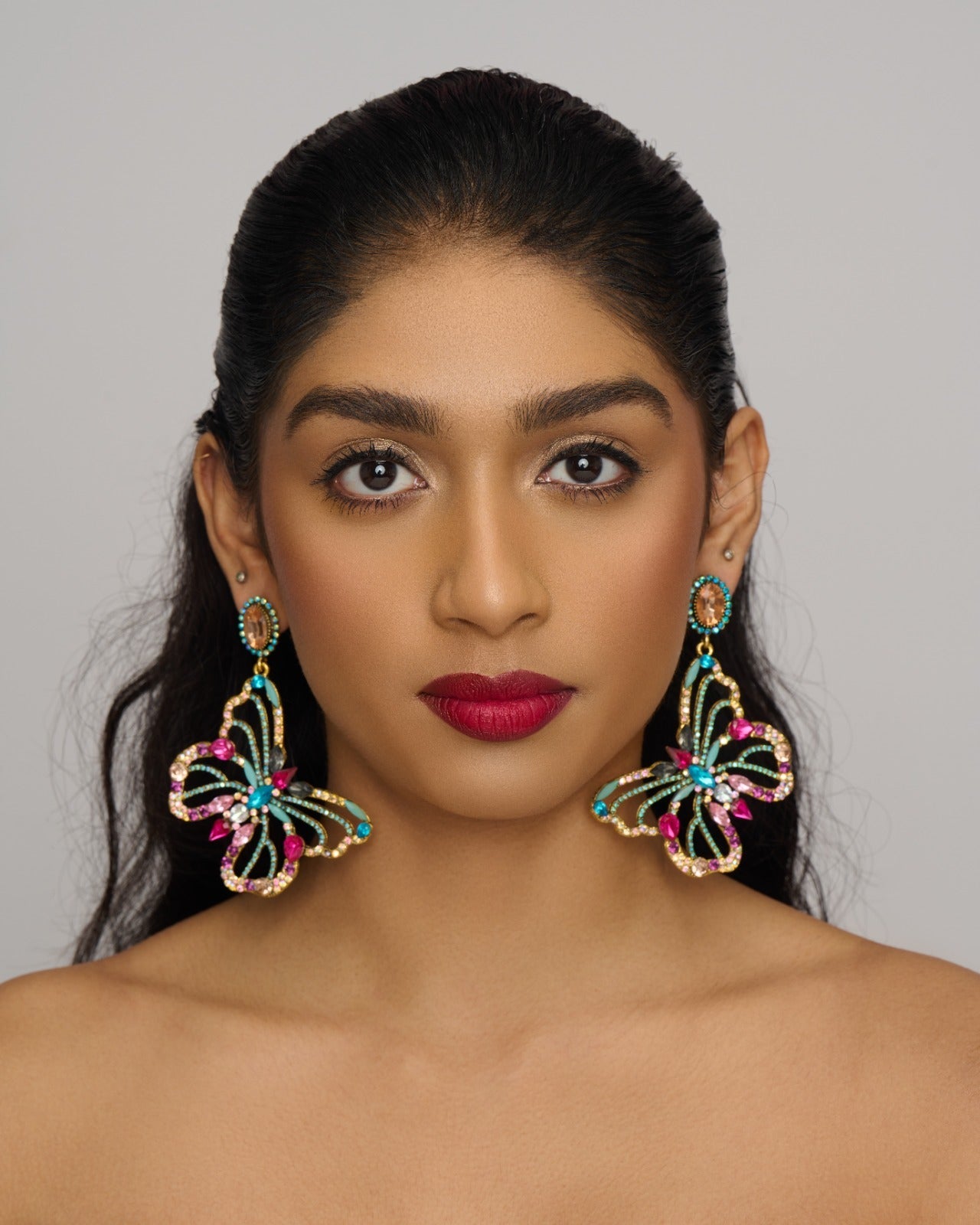 Gorgeous Multicolour Rhinestones Crystal Butterfly Statement Dangling Earrings - Fatisha Boutique