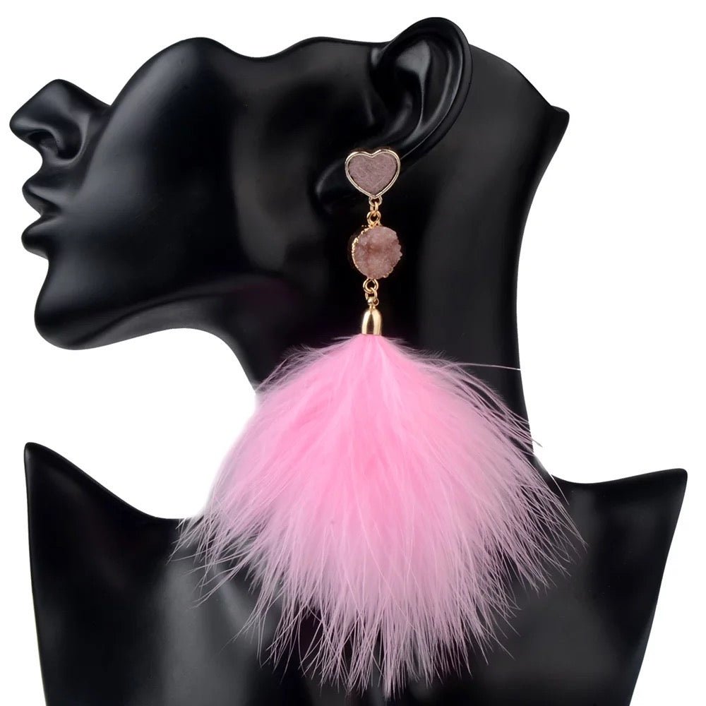 Heart Drop Earrings with Fluffy Pom Pom – Cute & Fun Statement Jewellery - Fatisha Boutique