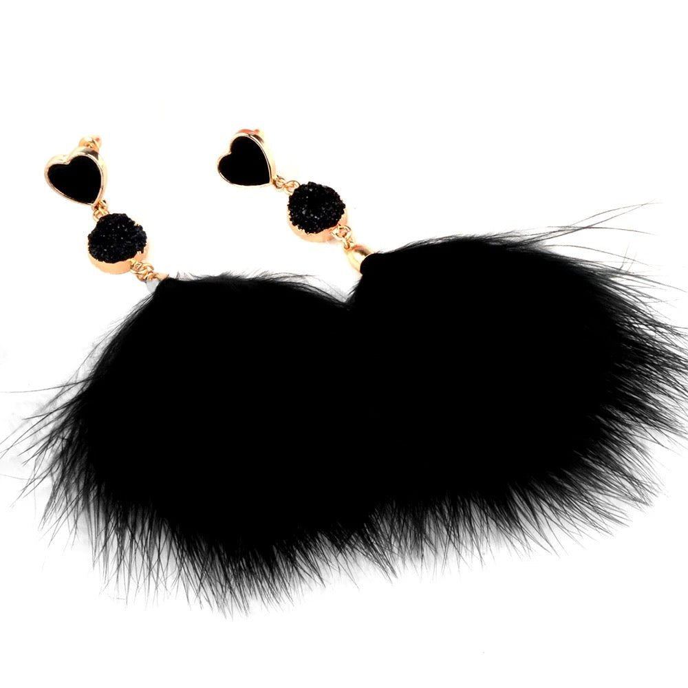 Heart Drop Earrings with Fluffy Pom Pom – Cute & Fun Statement Jewellery - Fatisha Boutique