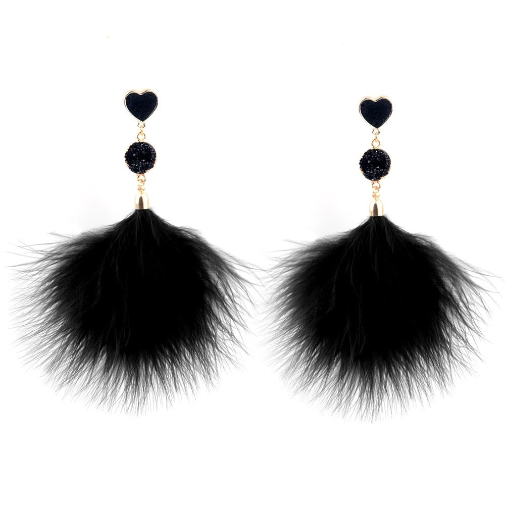 Heart Drop Earrings with Fluffy Pom Pom – Cute & Fun Statement Jewellery - Fatisha Boutique