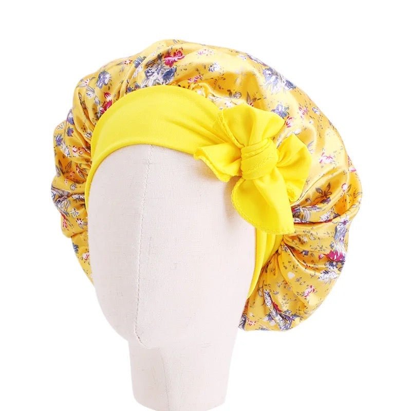 Kids Single Layered Bow Tied Design Printed Satin Silk Bonnet Caps - Fatisha Boutique