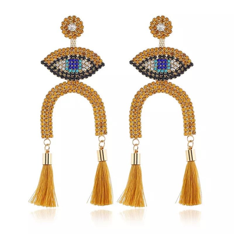 Long Rhinestone Eye Statement Tassel Stud Dangle Drop Earrings - Fatisha Boutique