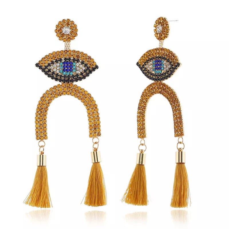 Long Rhinestone Eye Statement Tassel Stud Dangle Drop Earrings - Fatisha Boutique