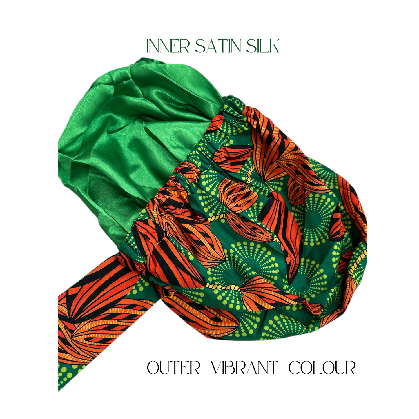 Double-Layered Ankara Satin Silk Bonnet Cap with Long Tie – Convertible to Turban Head Wrap