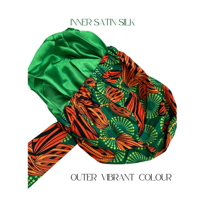 Double-Layered Ankara Satin Silk Bonnet Cap with Long Tie – Convertible to Turban Head Wrap