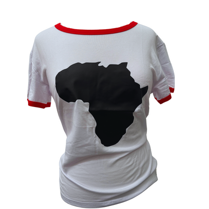Women’s African Map T-Shirt – White Tee with Red Trim & Bold Black Print (S & M Sizes)