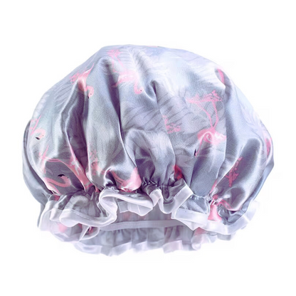 Double Layer Satin Silk Shower Bonnet – Reusable Waterproof Hair Cap with Ruffles