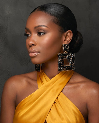 Black Crystal Geometric Statement Earrings – Oversized Rhinestone Drops