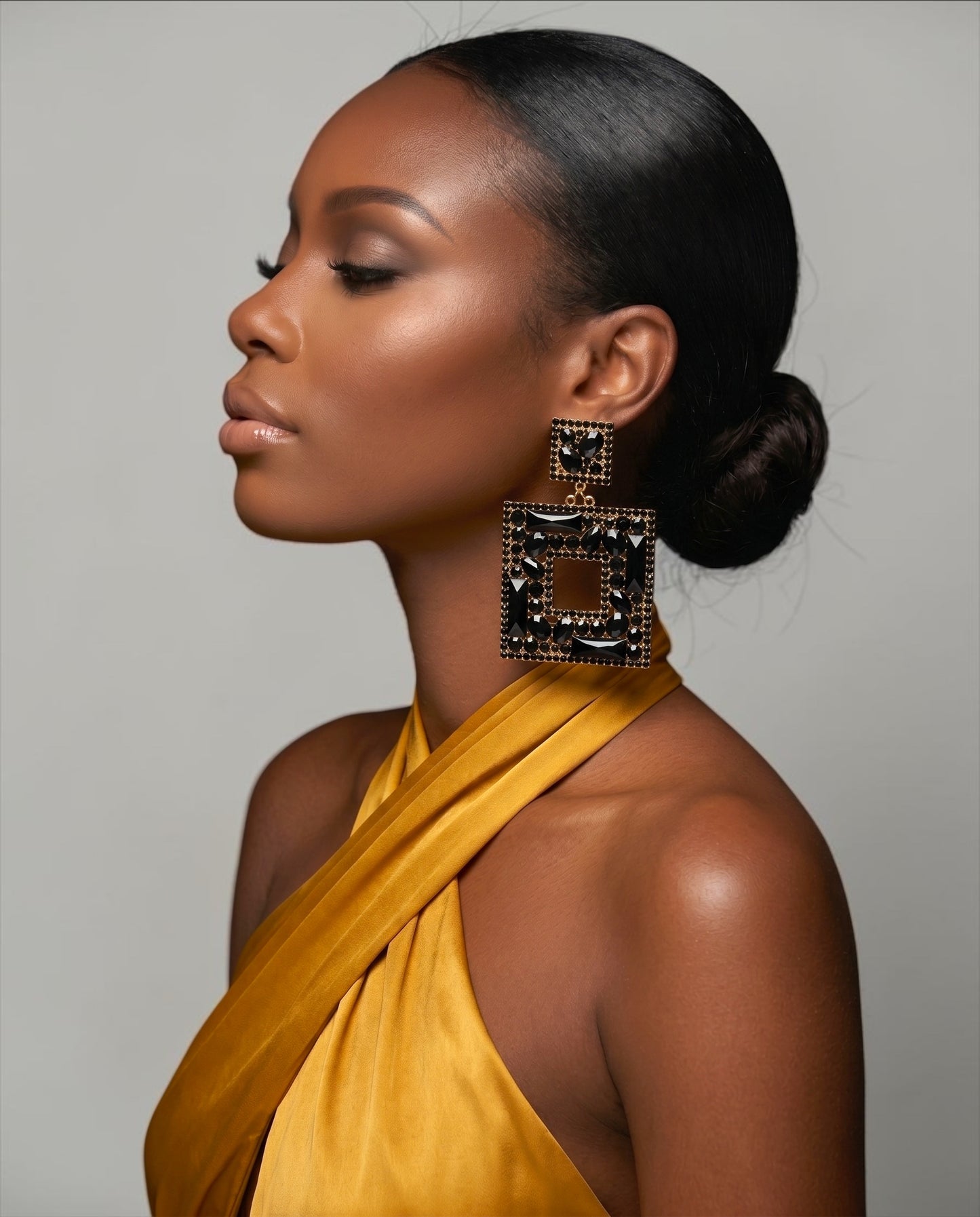 Black Crystal Geometric Statement Earrings – Oversized Rhinestone Drops
