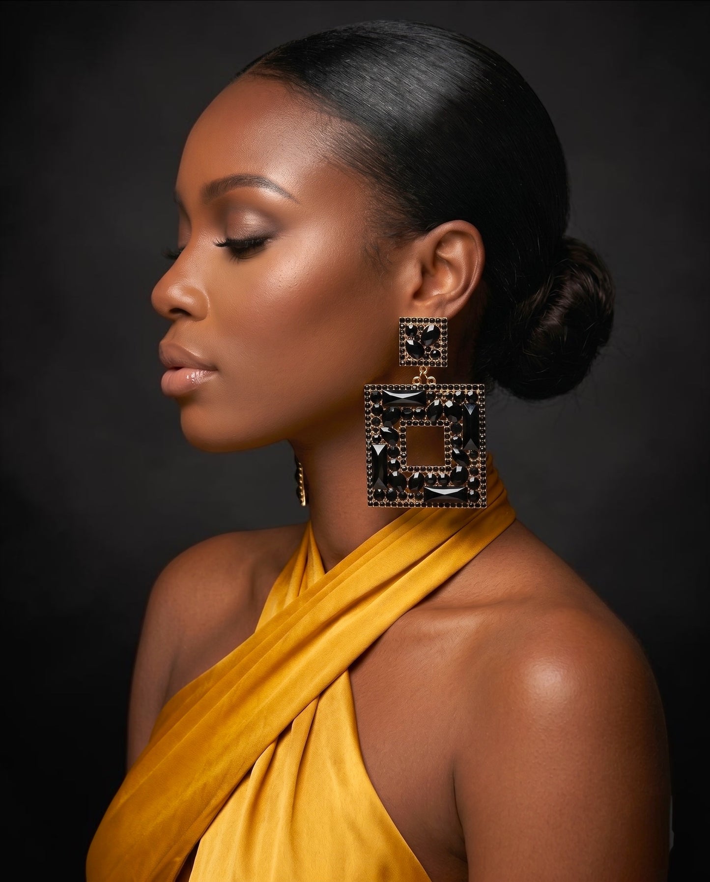 Black Crystal Geometric Statement Earrings – Oversized Rhinestone Drops