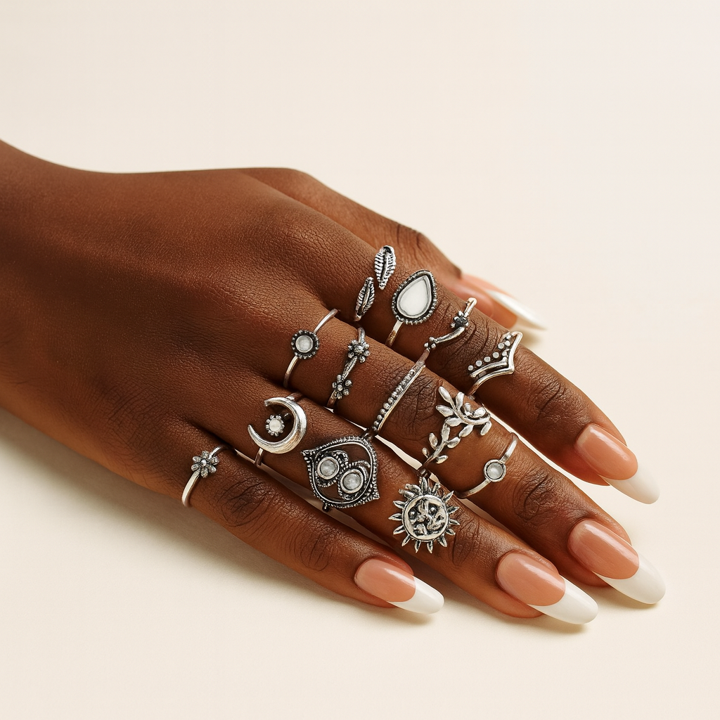 Bohemian 14-Piece Silver Retro Statement Rings Set – Vintage Fashion Jewellery - Fatisha Boutique #
