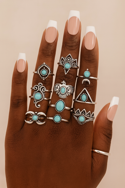 Bohemian 11-Piece Silver Retro Statement Rings Set – Vintage Turquoise Jewellery - Fatisha Boutique #