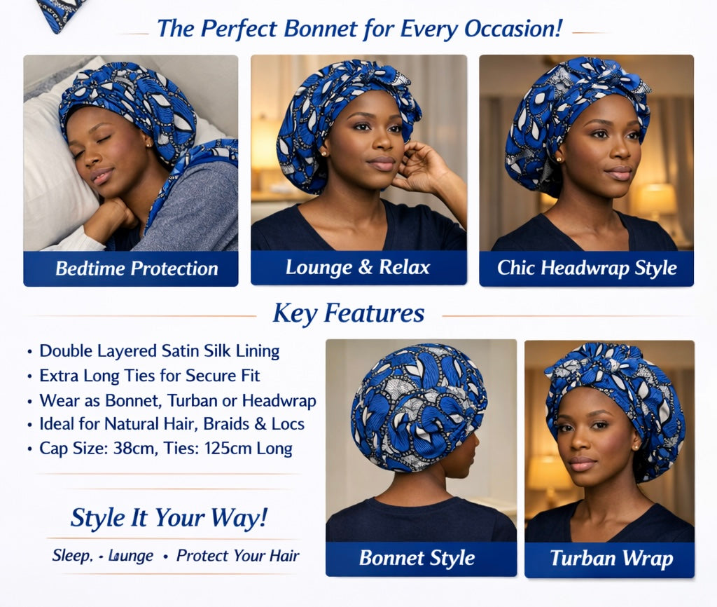 Blue Ankara Satin-Lined Bonnet with Long Ties – Multi-Wear Sleep Cap, Turban & Headwrap - Fatisha Boutique #