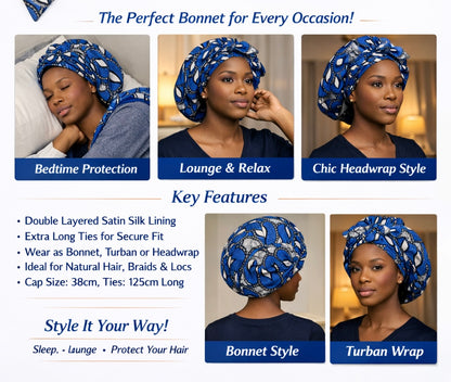 Blue Ankara Satin-Lined Bonnet with Long Ties – Multi-Wear Sleep Cap, Turban & Headwrap - Fatisha Boutique #