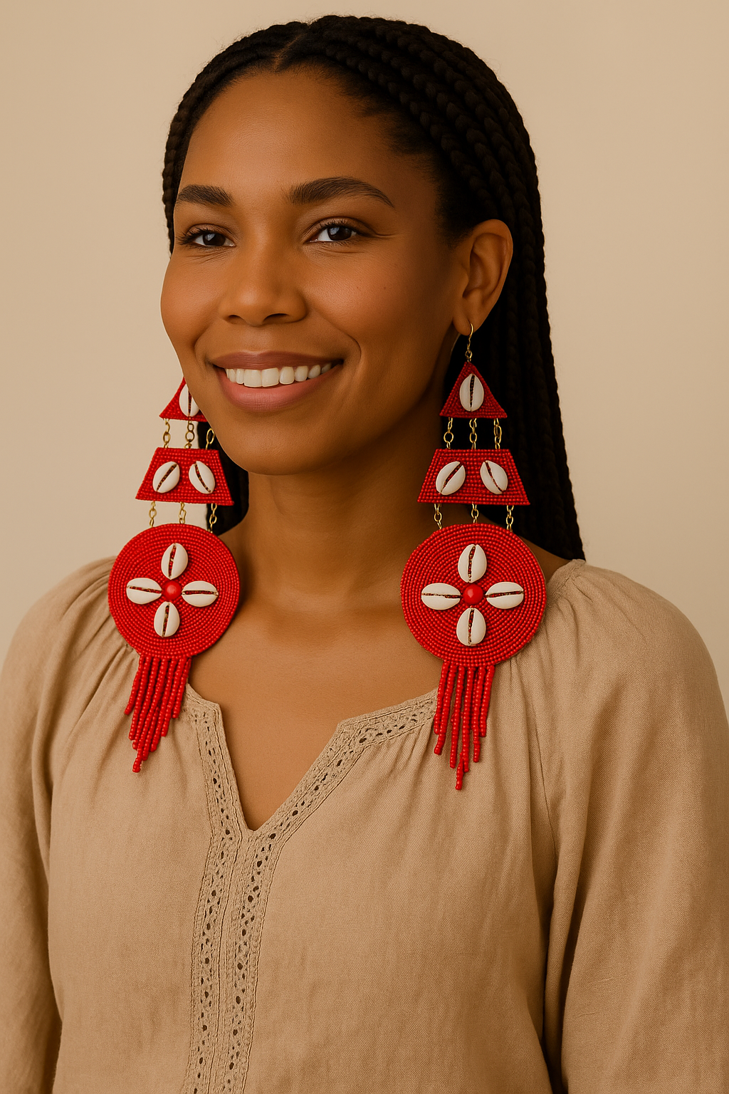 Handmade Beaded Cowrie Shell Earrings – Long African Statement Jewellery - Fatisha Boutique #